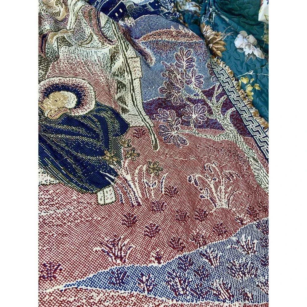 Vtg USA Woven Nativity Tapestry Throw Blanket Mary Joseph Jesus Christmas **